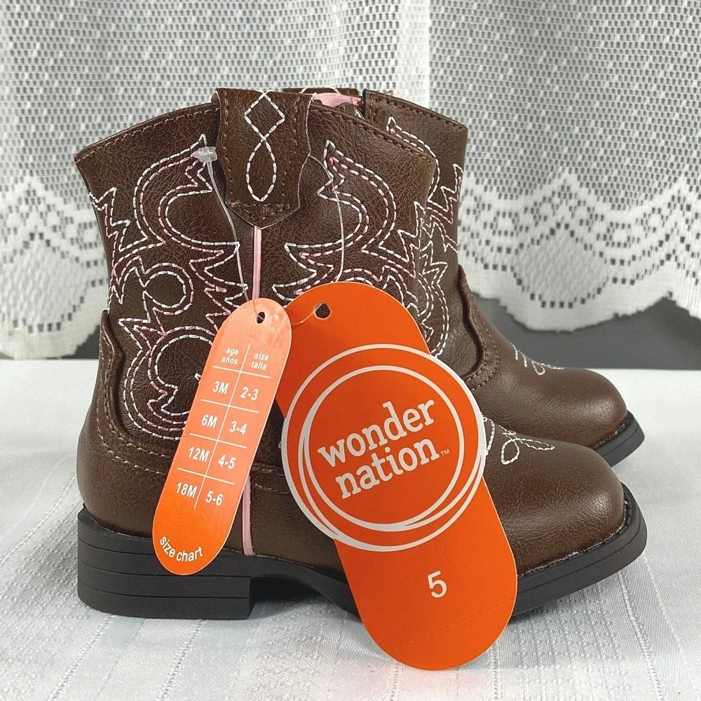 NWT Baby Girl Sz 5 Western Cowgirl Boots Pink Embroidered Stitching Faux Leather